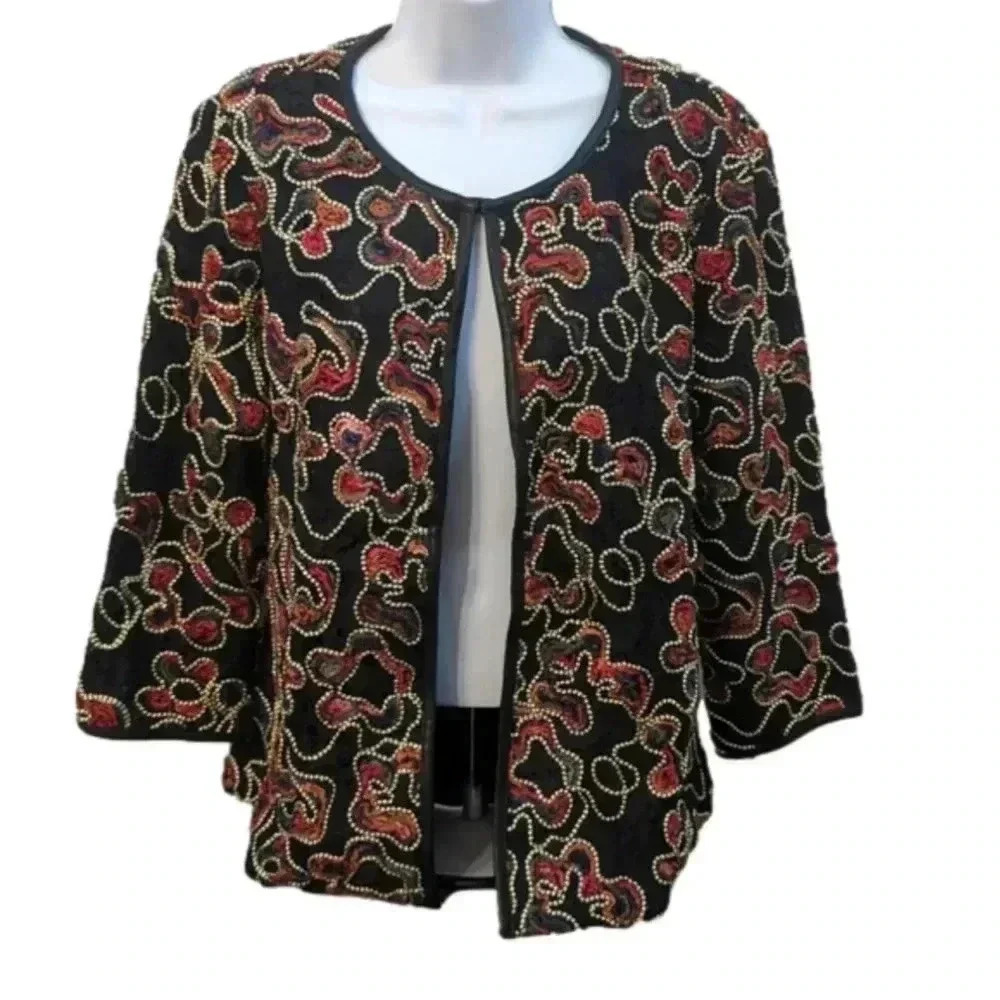 Dennis Basso Soutache Lace Jacket with Faux leather trim